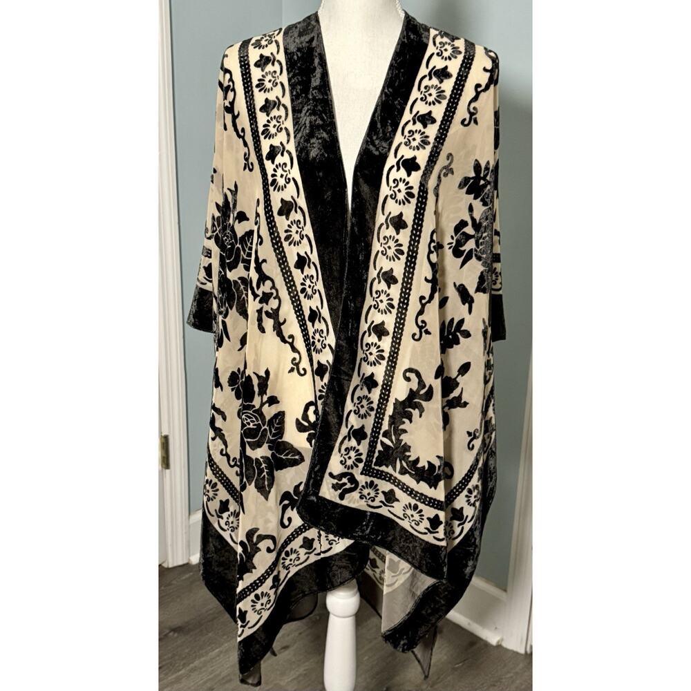 Natural Life Biege/Black Velvet Floral Print Open Cardigan, BOHO, One Size